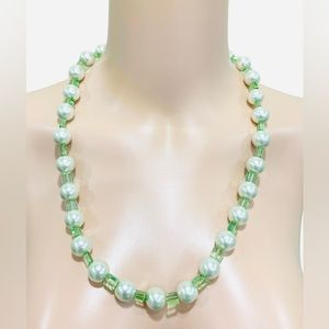 Green Glass Pearl Beaded Necklace Set, Green Jewelry, Prom Necklace Set.